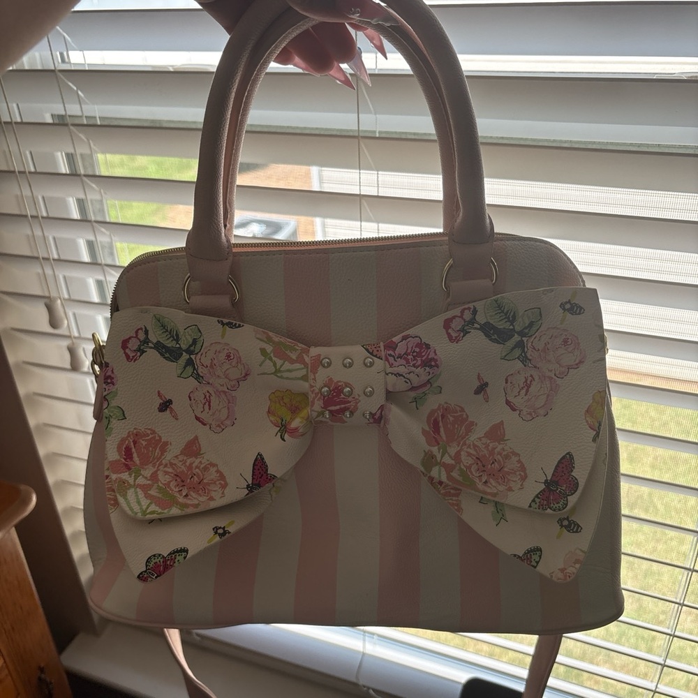Betsey Johnson Pink and White Striped Satchel with Floral Bow